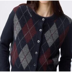 GU (Uniqlo) Puffy Touch Knit Argyle Crew Neck Cardigan in Navy